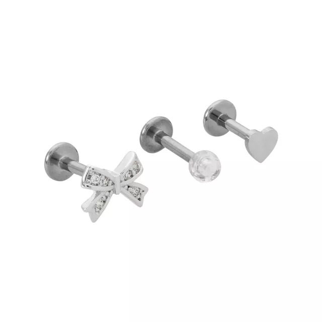 Multi-Pack CZ Bow and Heart Titanium Cartilage Barbells 3 Pack - 16 Gauge at Spencer's