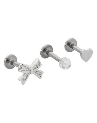 Multi-Pack CZ Bow and Heart Titanium Cartilage Barbells 3 Pack - 16 Gauge