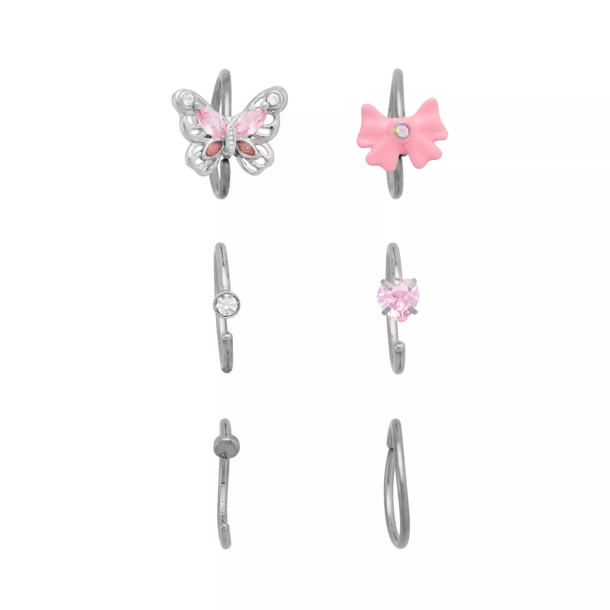 Multi-Pack CZ Pink Bow Butterfly Heart Hoop Nose Rings 6 Pack - 20 Gauge at Spencer's