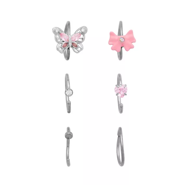 Multi-Pack CZ Pink Bow Butterfly Heart Hoop Nose Rings 6 Pack - 20 Gauge at Spencer's