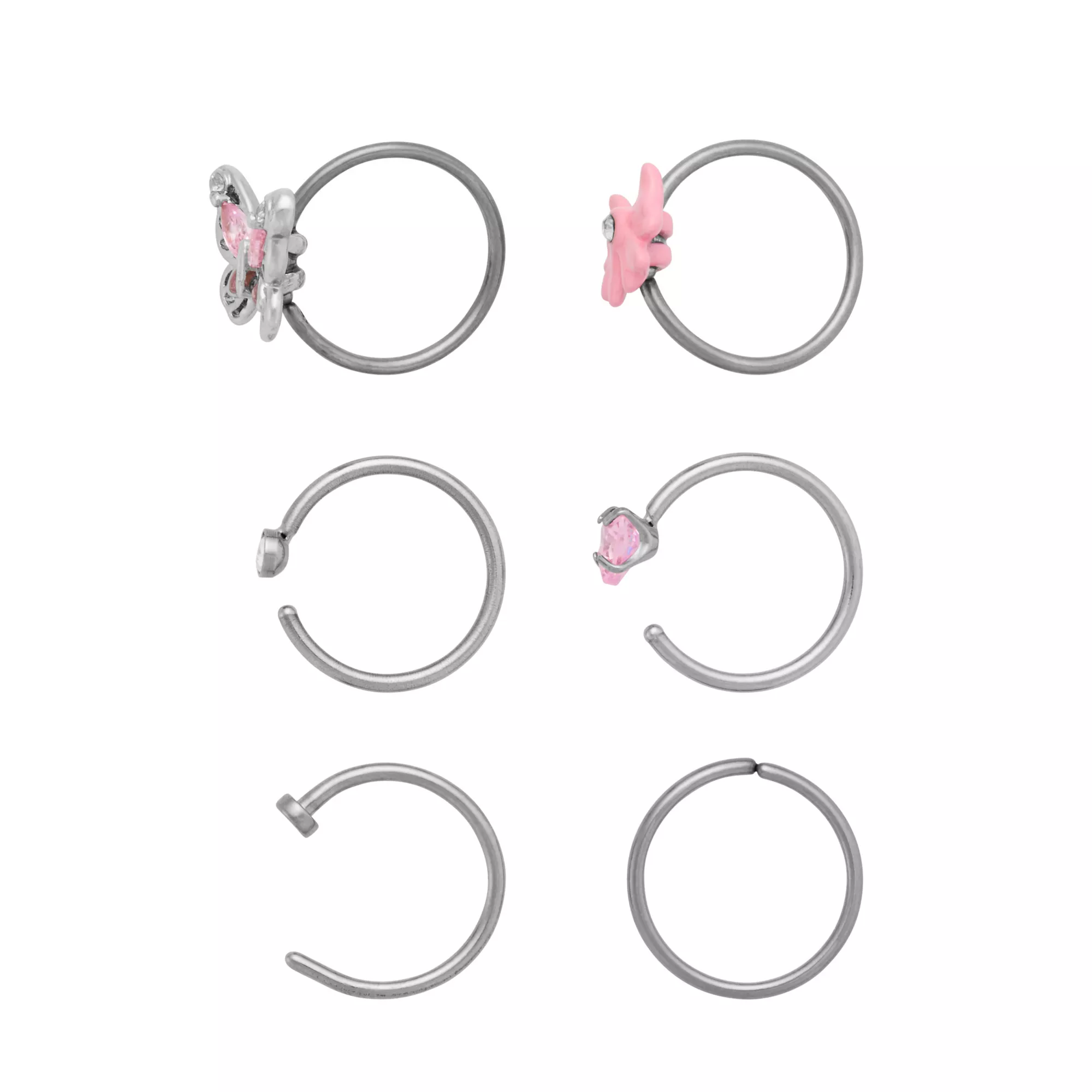 Multi-Pack CZ Pink Bow Butterfly Heart Hoop Nose Rings 6 Pack - 20 Gauge at Spencer's