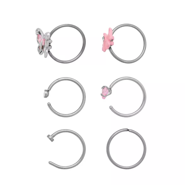 Multi-Pack CZ Pink Bow Butterfly Heart Hoop Nose Rings 6 Pack - 20 Gauge at Spencer's