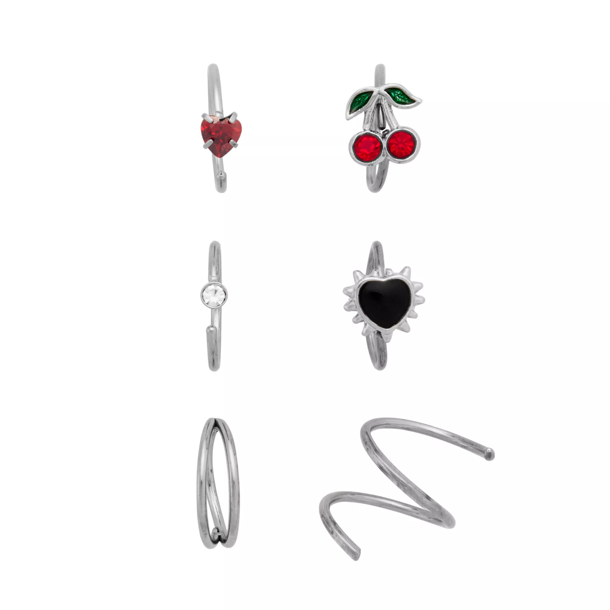 Multi-Pack Titanium CZ Cherry Heart Nose Hoops 6 Pack - 20 Gauge at Spencer's