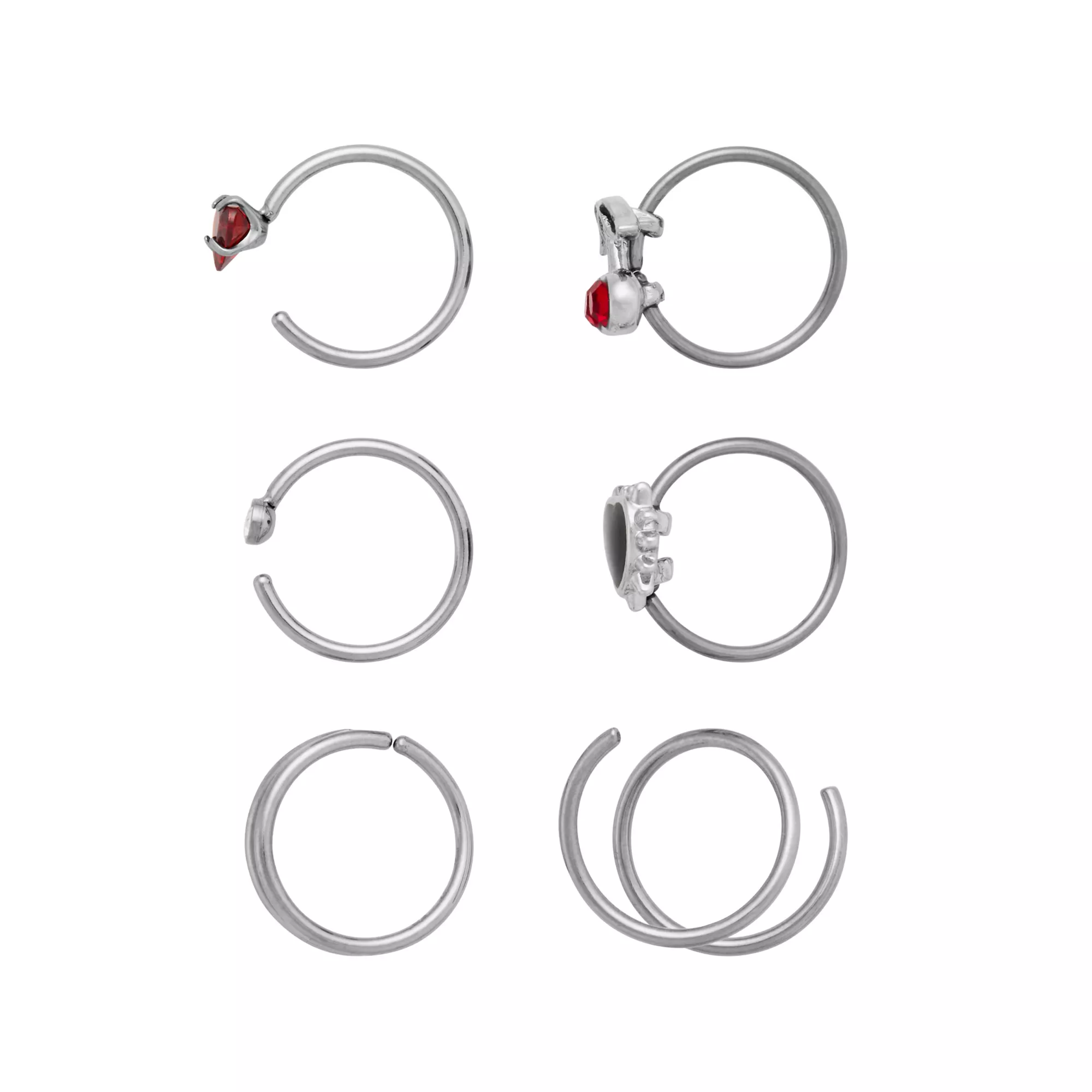 Multi-Pack Titanium CZ Cherry Heart Nose Hoops 6 Pack - 20 Gauge at Spencer's