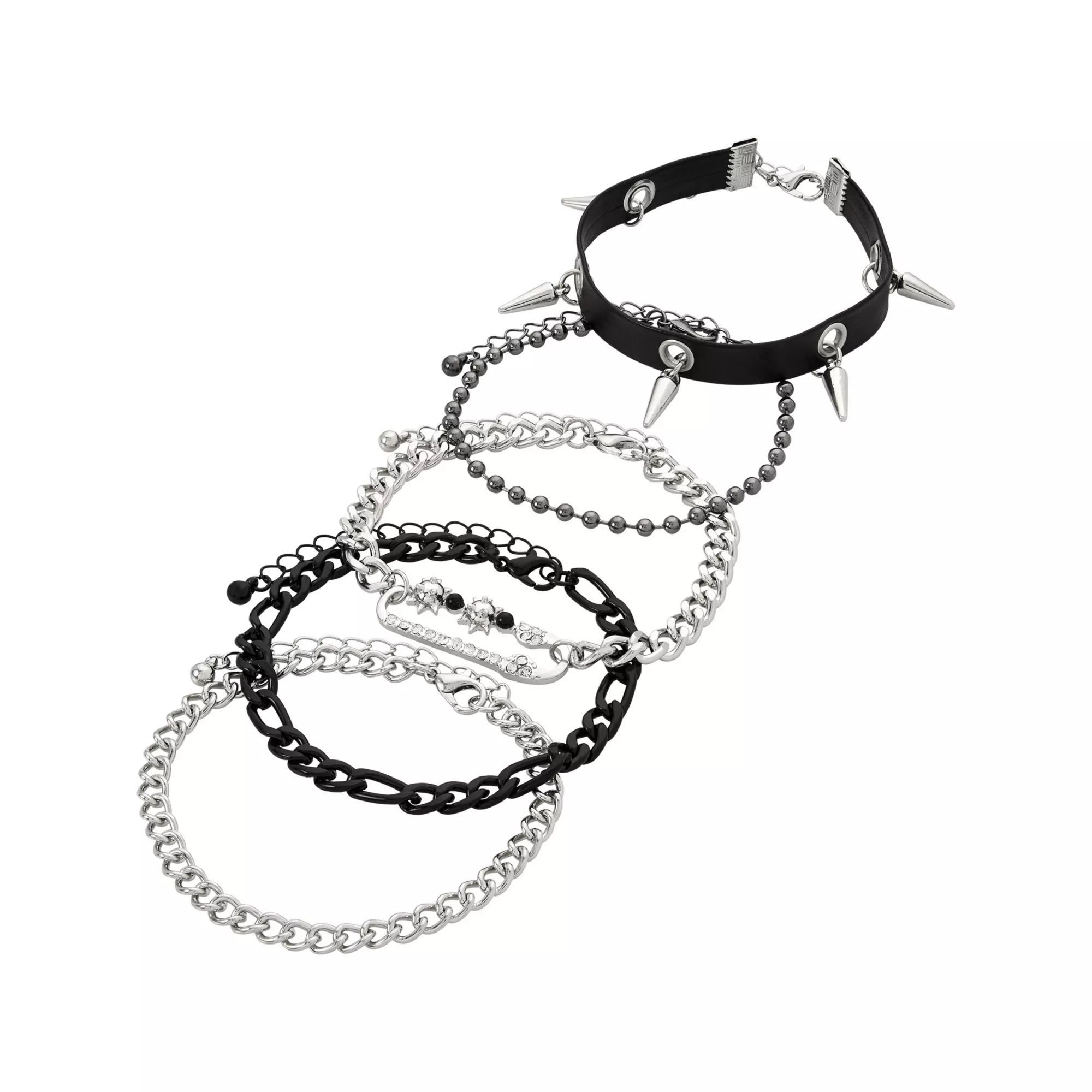 Multi-Pack Silvertone and Black Spiked Chain Bracelets - 5 Pack at Spencer's