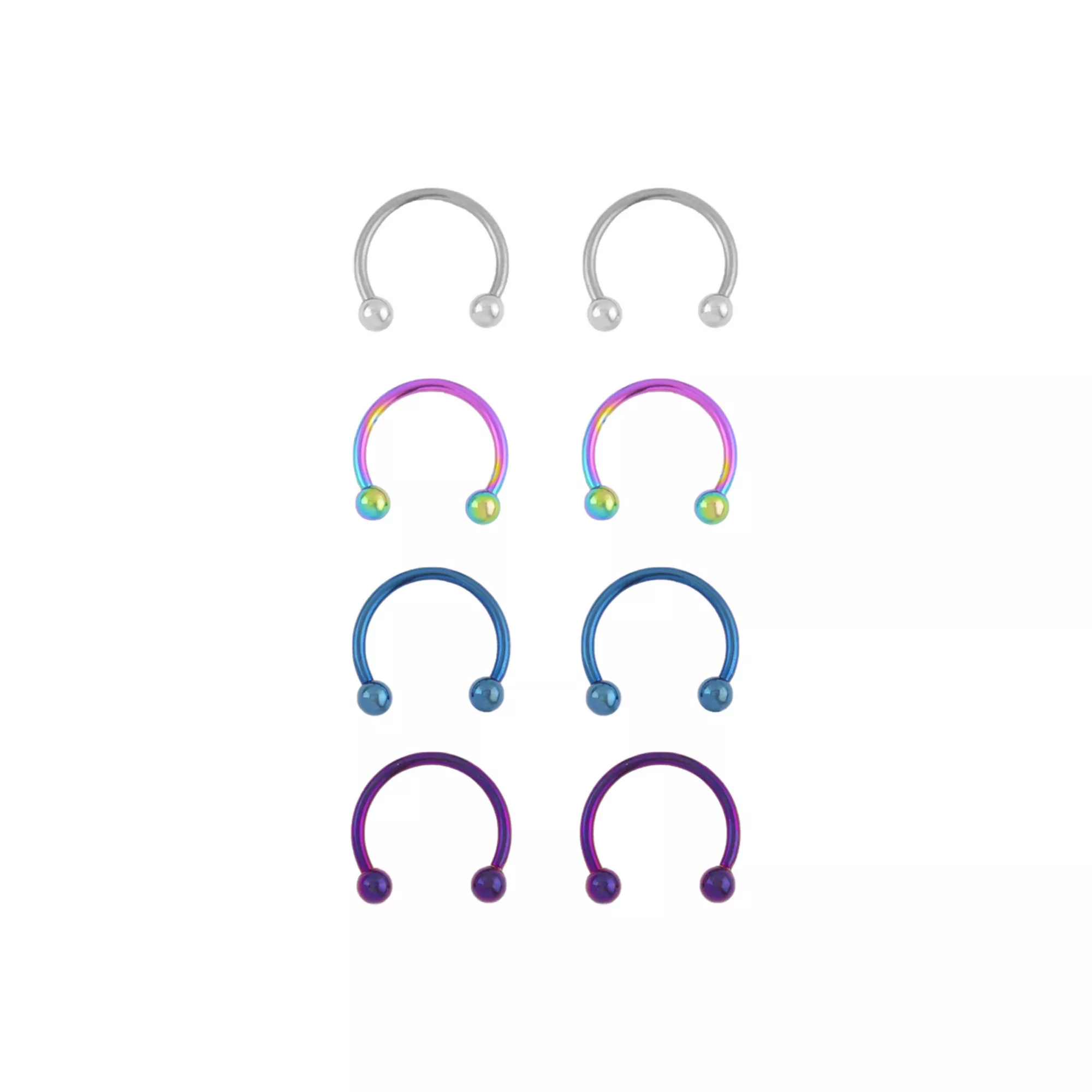 Multi-Pack Blue Purple and Silvertone Titanium Horseshoe Rings 4 Pair - 14 Gauge at Spencer's