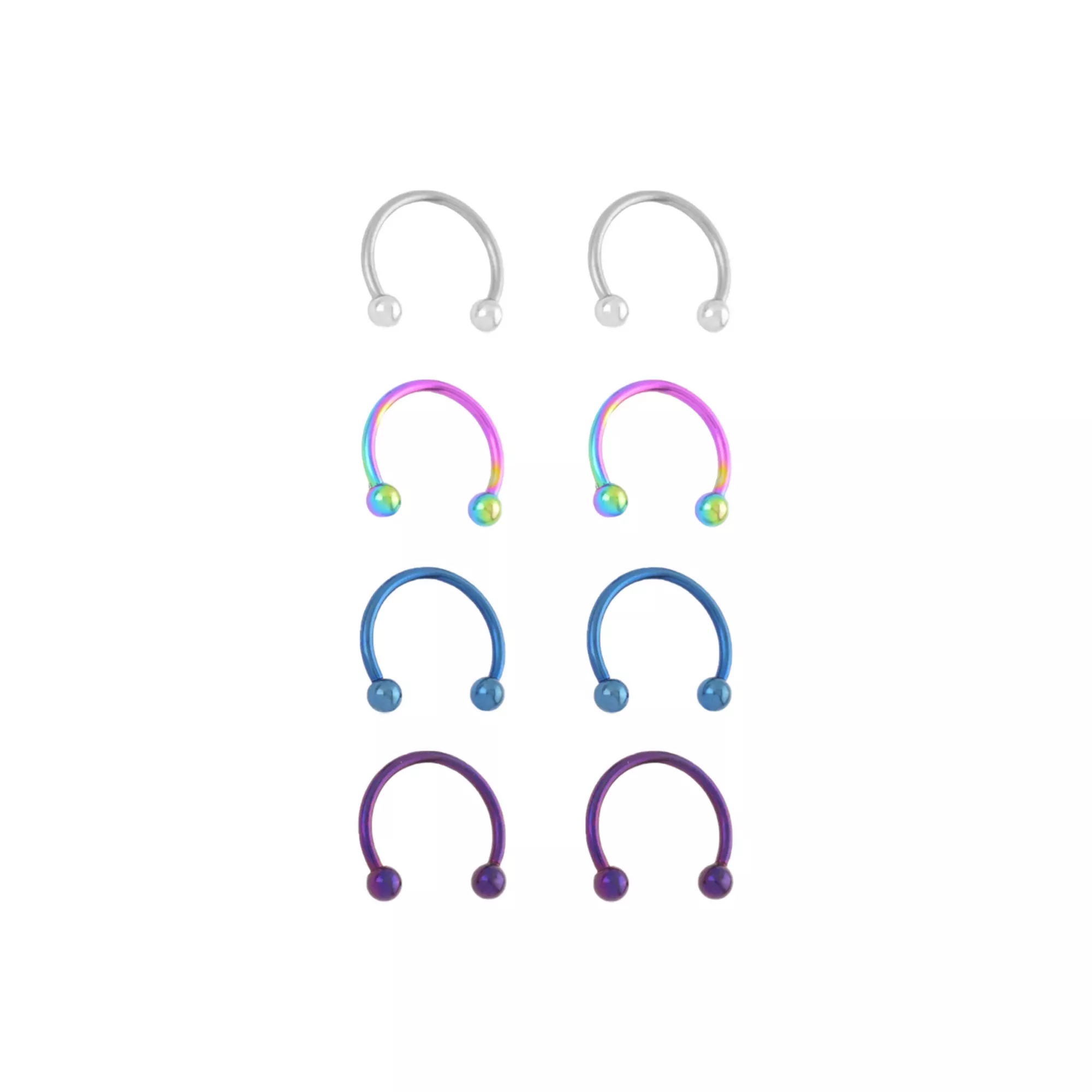Multi-Pack Blue Purple and Silvertone Titanium Horseshoe Rings 4 Pair - 14 Gauge at Spencer's