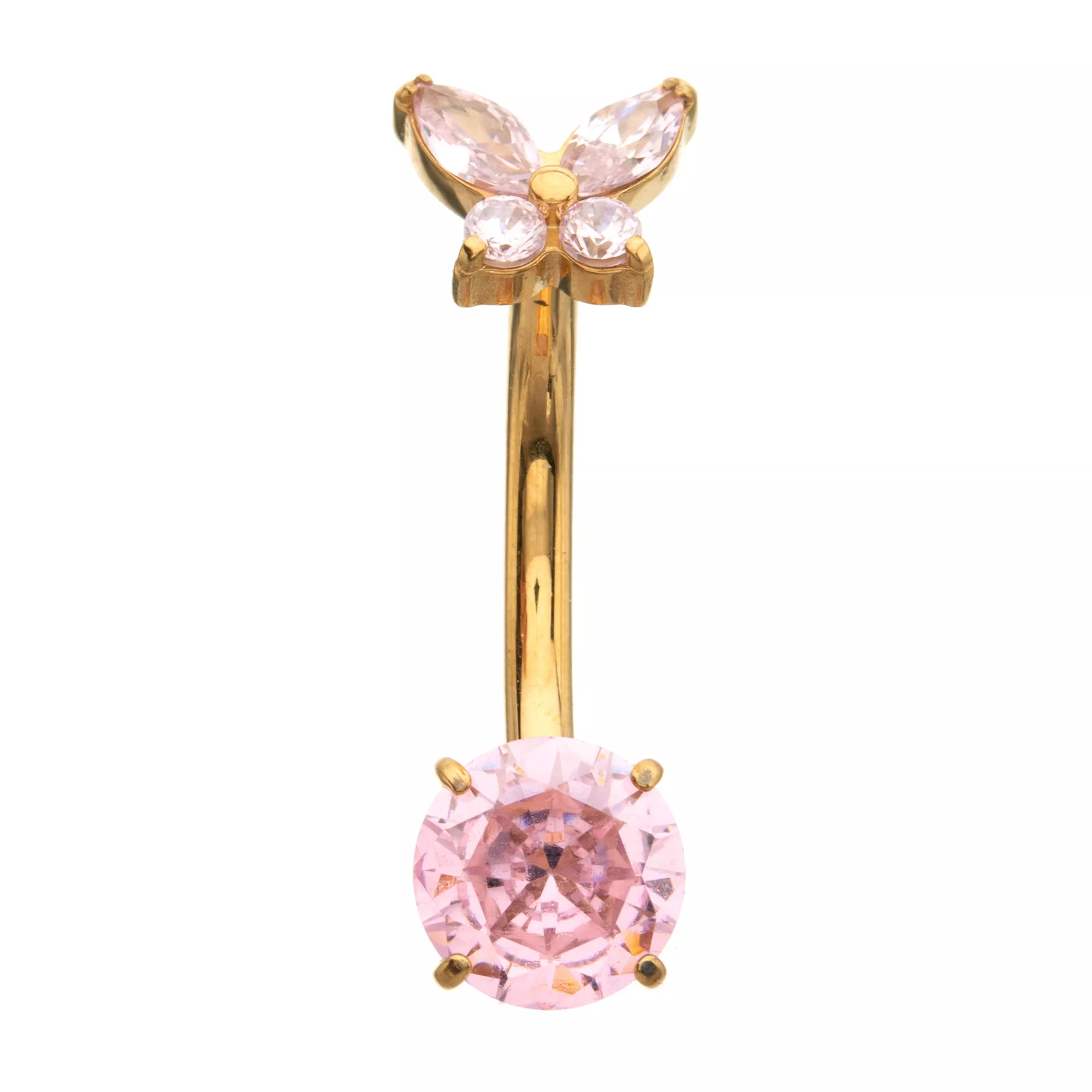 ASTM F-136 Titanium Gold and Pink CZ Butterfly Belly Ring - 14 Gauge