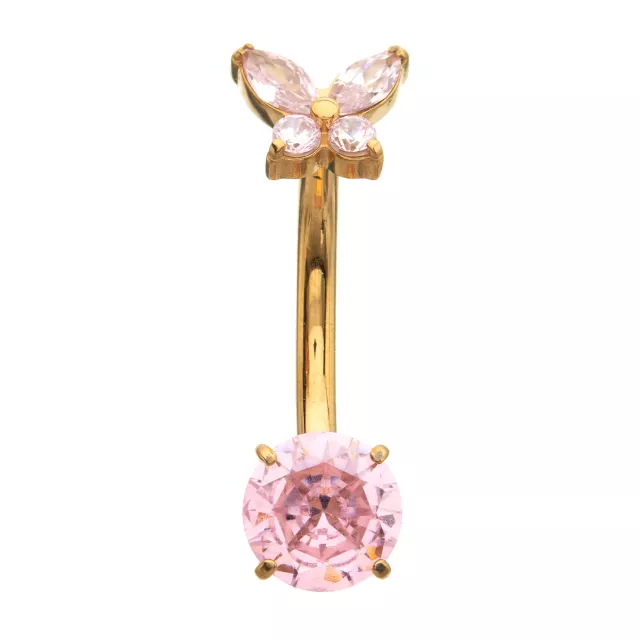 ASTM F-136 Titanium Gold and Pink CZ Butterfly Belly Ring - 14 Gauge at Spencer's