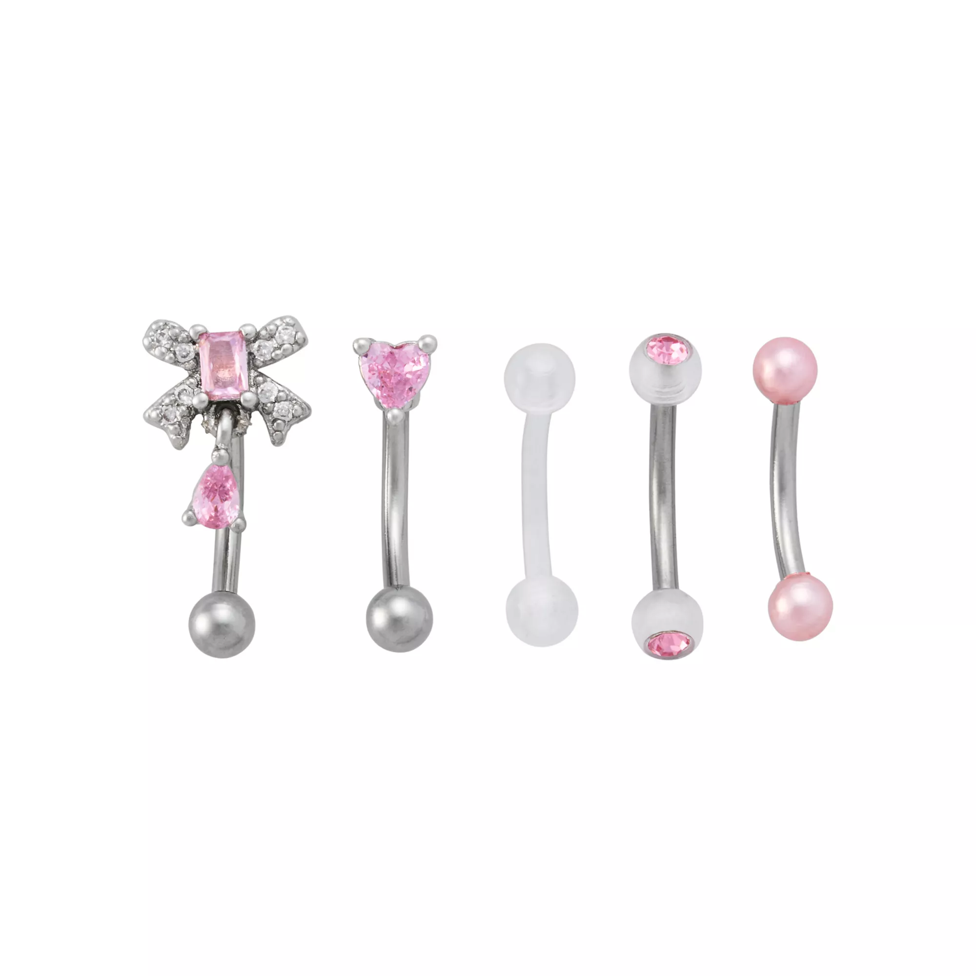 Multi-Pack Pink CZ Bow and Heart Curved Barbells 5 Pack - 16 Gauge