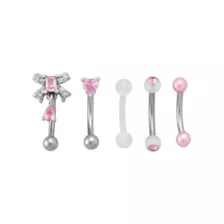 Multi-Pack Pink CZ Bow and Heart Curved Barbells 5 Pack - 16 Gauge at Spencer's
