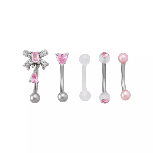 Multi-Pack Pink CZ Bow and Heart Curved Barbells 5 Pack - 16 Gauge at Spencer's