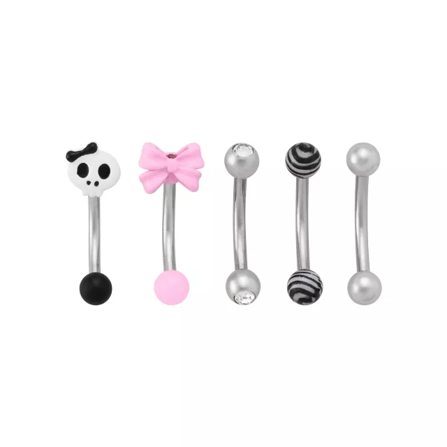 Multi-Pack CZ Skull and Bow Curved Barbells 5 Pack - 16 Gauge at Spencer's