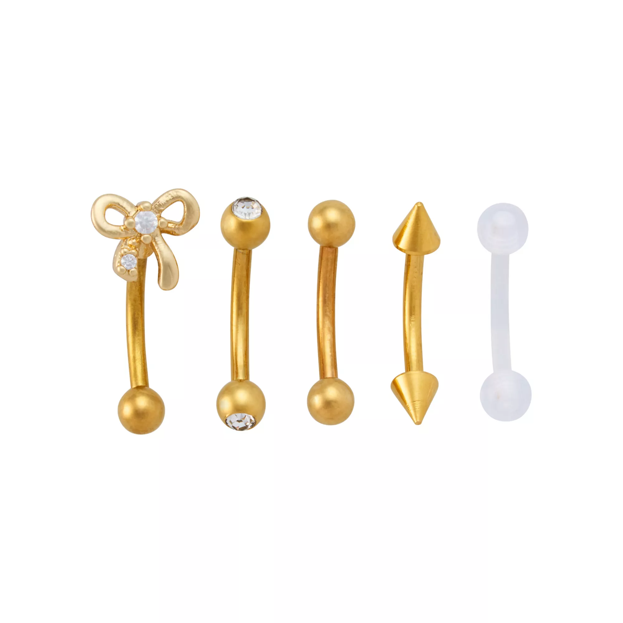 Multi-Pack CZ Bow Goldtone Curved Barbells and Retainer 5 Pack - 16 Gauge at Spencer's