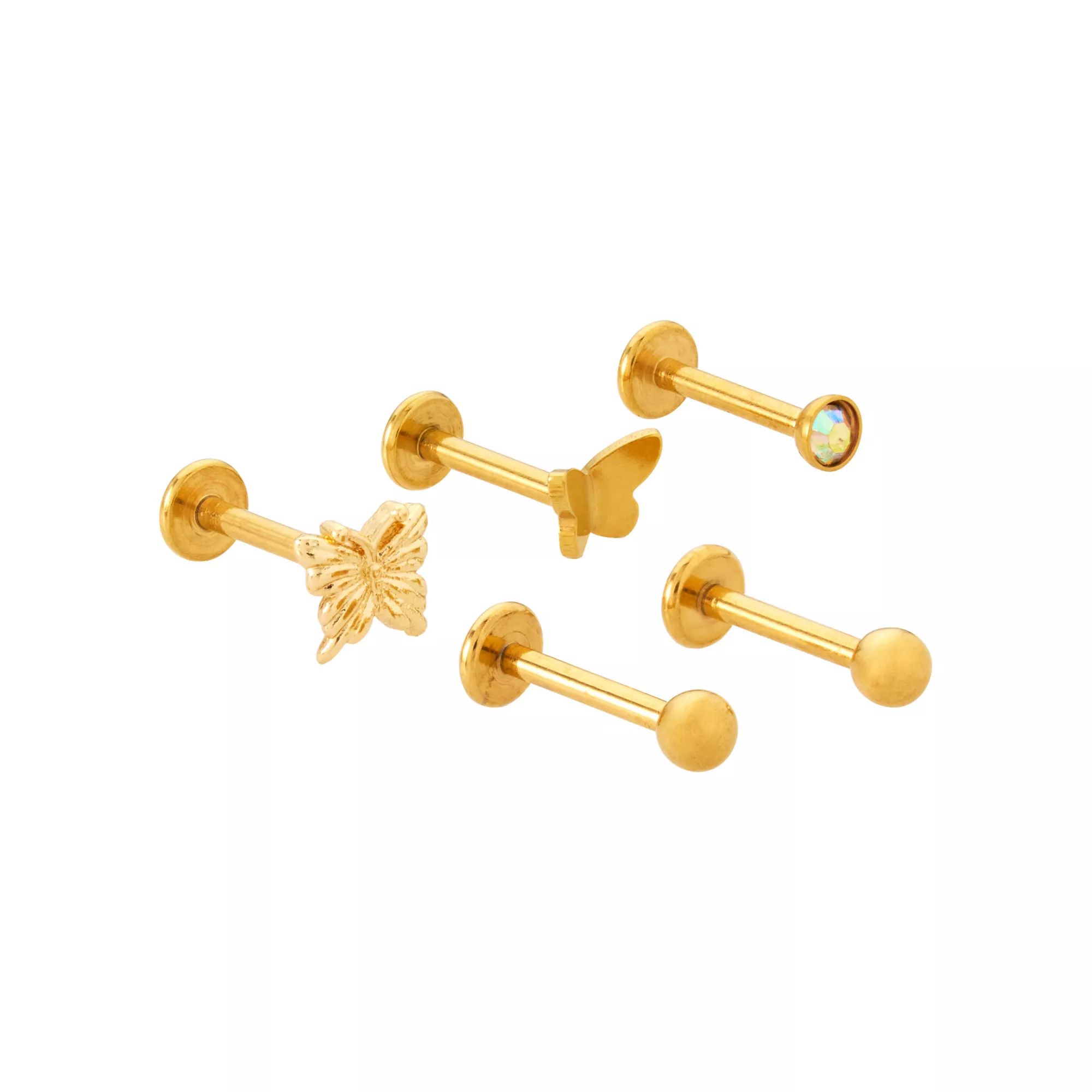 Multi-Pack Goldtone Flatback Butterfly Labret Lip Rings 5 Pack - 16 Gauge at Spencer's