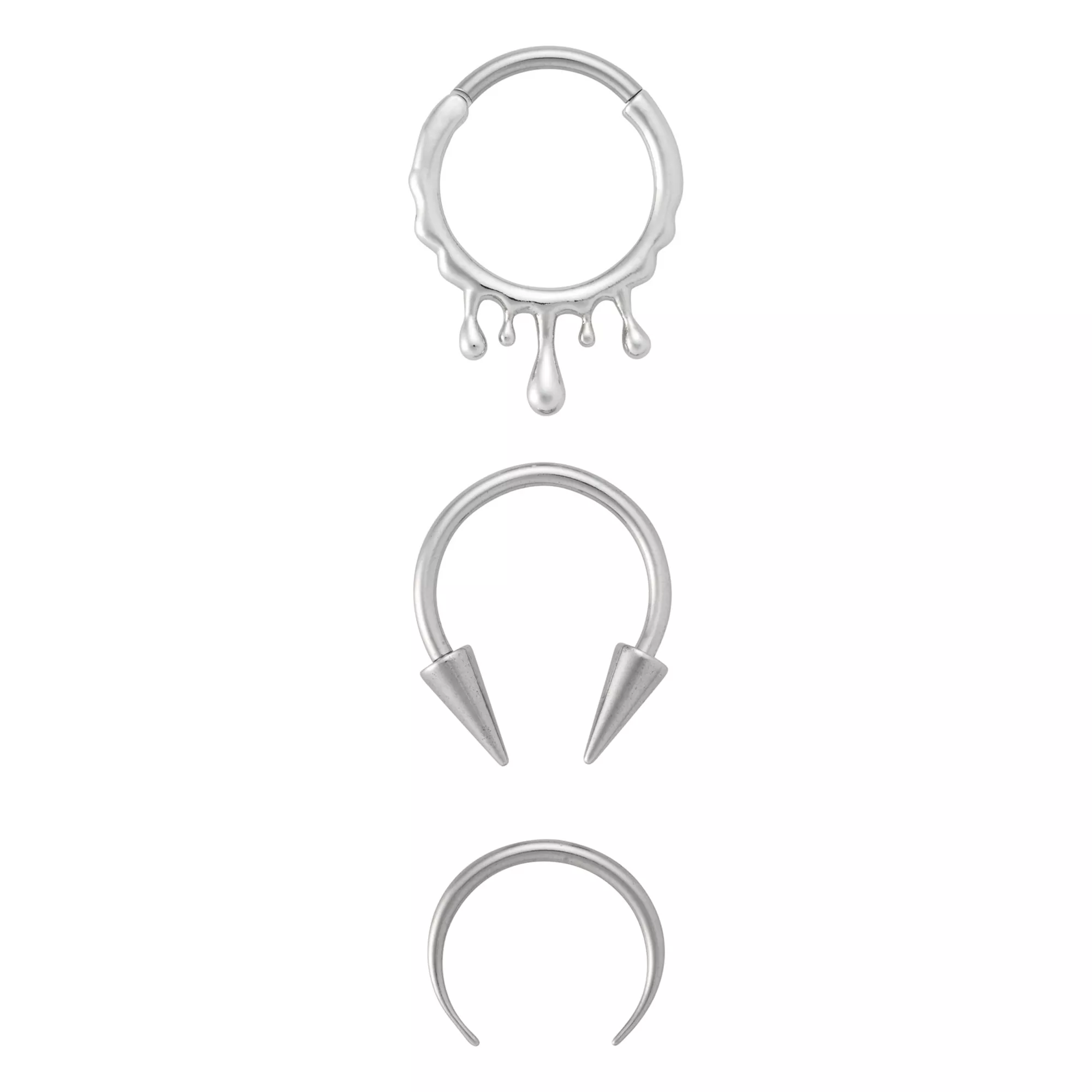 Multi-Pack Spiked Horseshoes and Drip Hanged Septum Ring 3 Pack - 16 Gauge at Spencer's