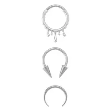 Multi-Pack Spiked Horseshoes and Drip Hanged Septum Ring 3 Pack - 16 Gauge at Spencer's