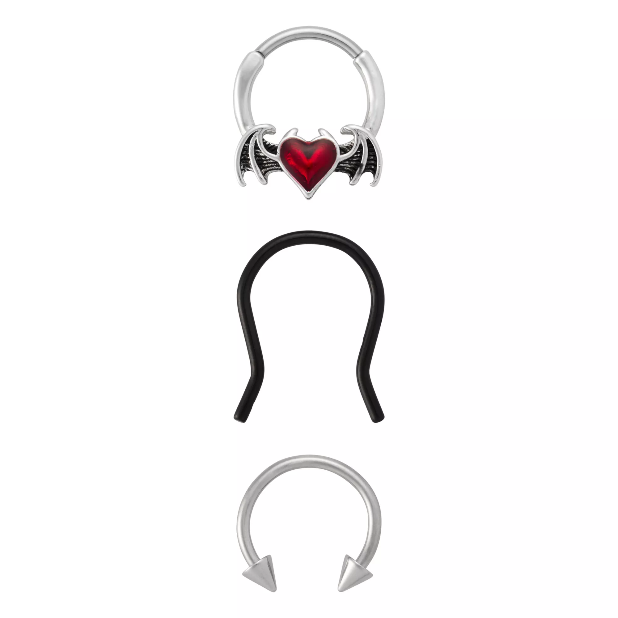 Multi-Pack Titanium CZ Winged Heart Hinged and Horseshoe Septum Rings 3 Pack - 16 Gauge at Spencer's