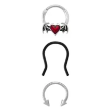 Multi-Pack Titanium CZ Winged Heart Hinged and Horseshoe Septum Rings 3 Pack - 16 Gauge at Spencer's