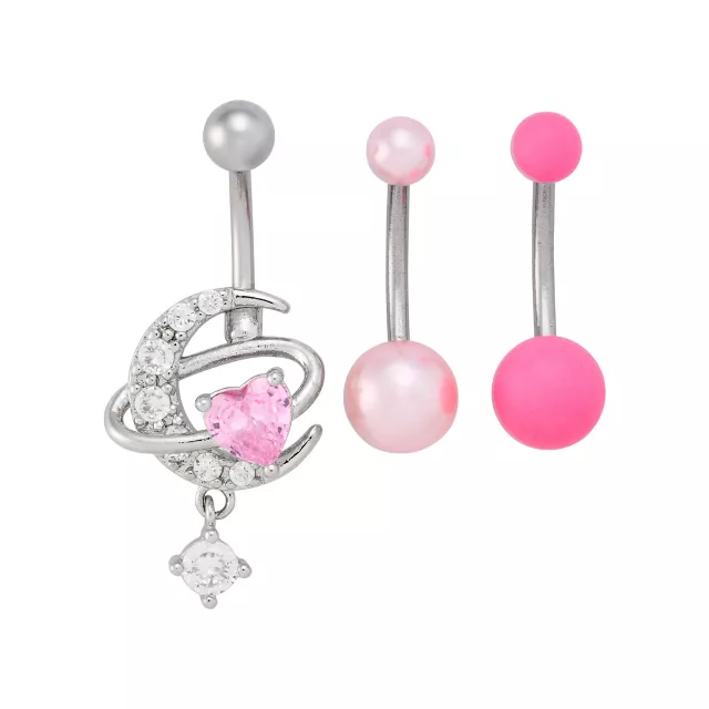 Multi-Pack Pink CZ Moon Belly Rings 3 Pack - 14 Gauge at Spencer's
