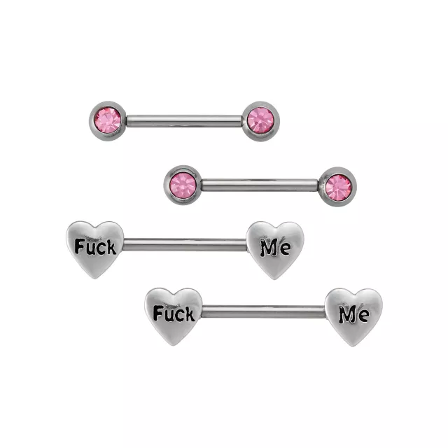 Multi-Pack Titanium Fuck Me Heart Nipple Barbells 2 Pair - 14 Gauge at Spencer's