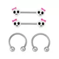 Multi-Pack Skull Bow Titanium Nipple Barbells and Horseshoe Rings 2 Pair -14 Gauge at Spencer's