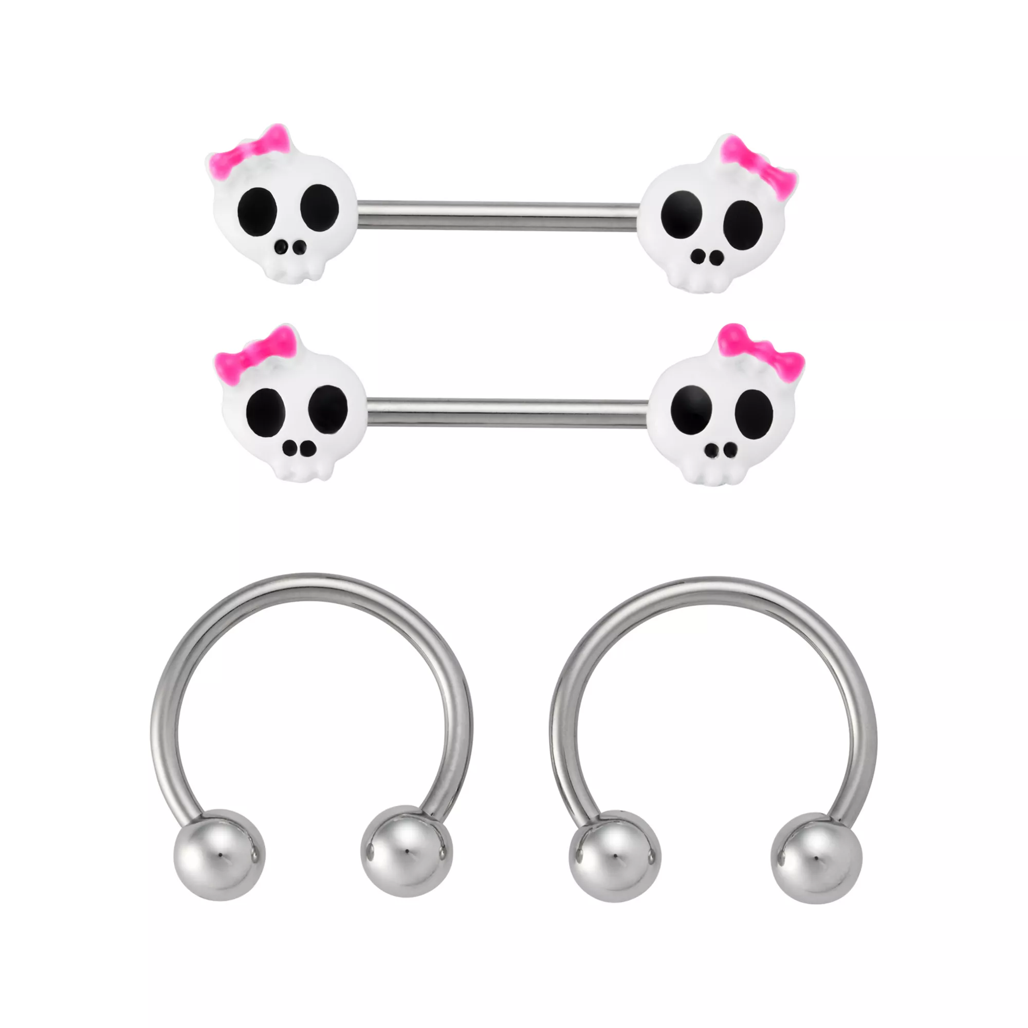 Multi-Pack Skull Bow Titanium Nipple Barbells and Horseshoe Rings 2 Pair -14 Gauge at Spencer's