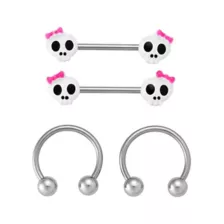 Multi-Pack Skull Bow Titanium Nipple Barbells and Horseshoe Rings 2 Pair -14 Gauge at Spencer's