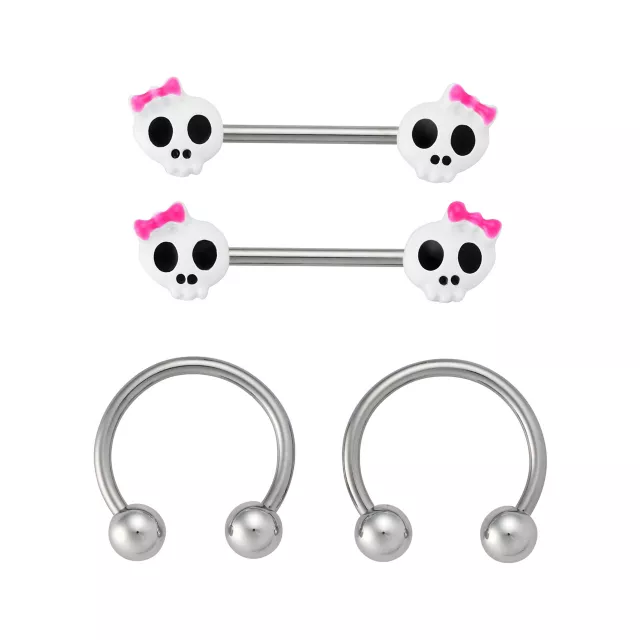 Multi-Pack Skull Bow Titanium Nipple Barbells and Horseshoe Rings 2 Pair -14 Gauge at Spencer's