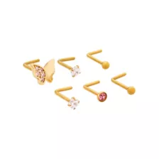 Multi-Pack CZ Pink Goldtone Titanium Butterfly L-Bend Nose Rings 6 Pack - 20 Gauge at Spencer's