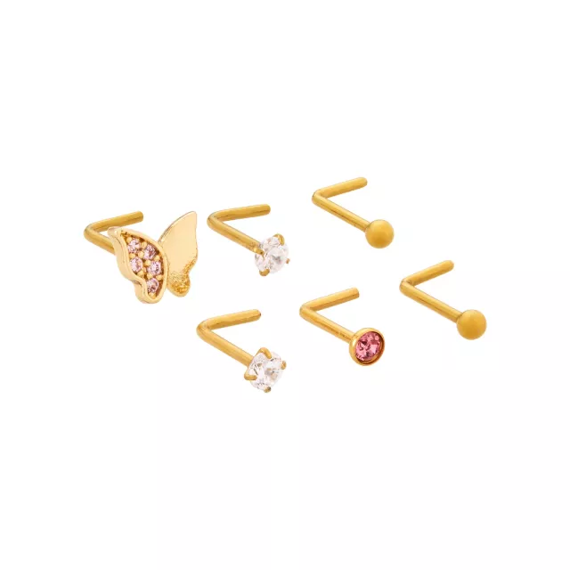 Multi-Pack CZ Pink Goldtone Titanium Butterfly L-Bend Nose Rings 6 Pack - 20 Gauge at Spencer's