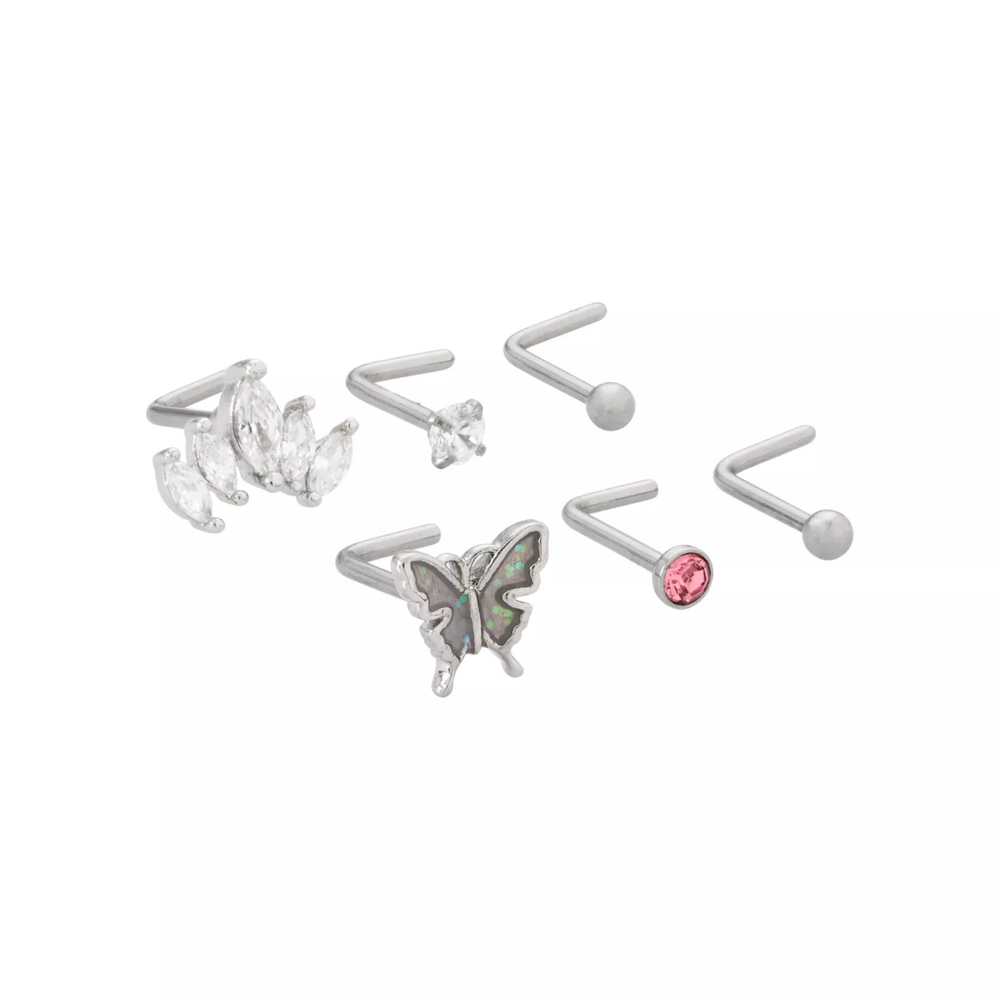 Multi-Pack CZ Pink Butterfly L-Bend Nose Rings 6 Pack - 20 Gauge at Spencer's