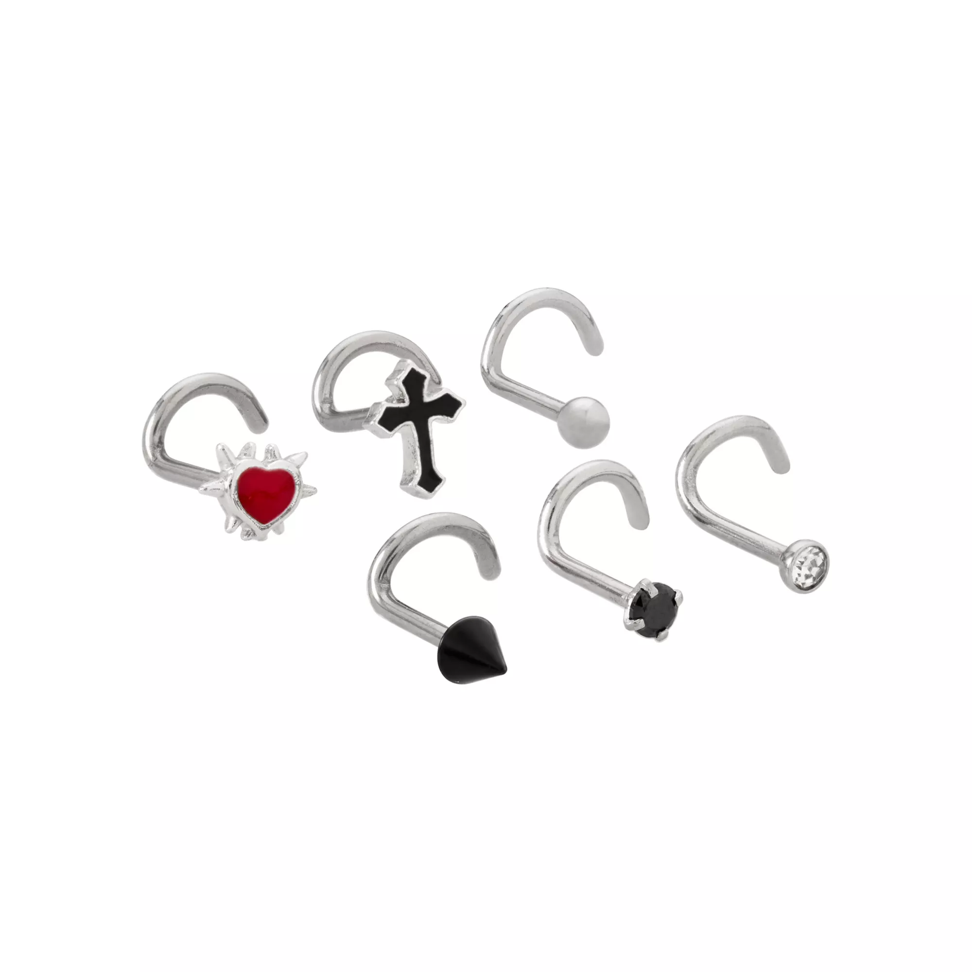 Multi-Pack CZ Cross Heart Screw Nose Rings 6 Pack - 18 Gauge
