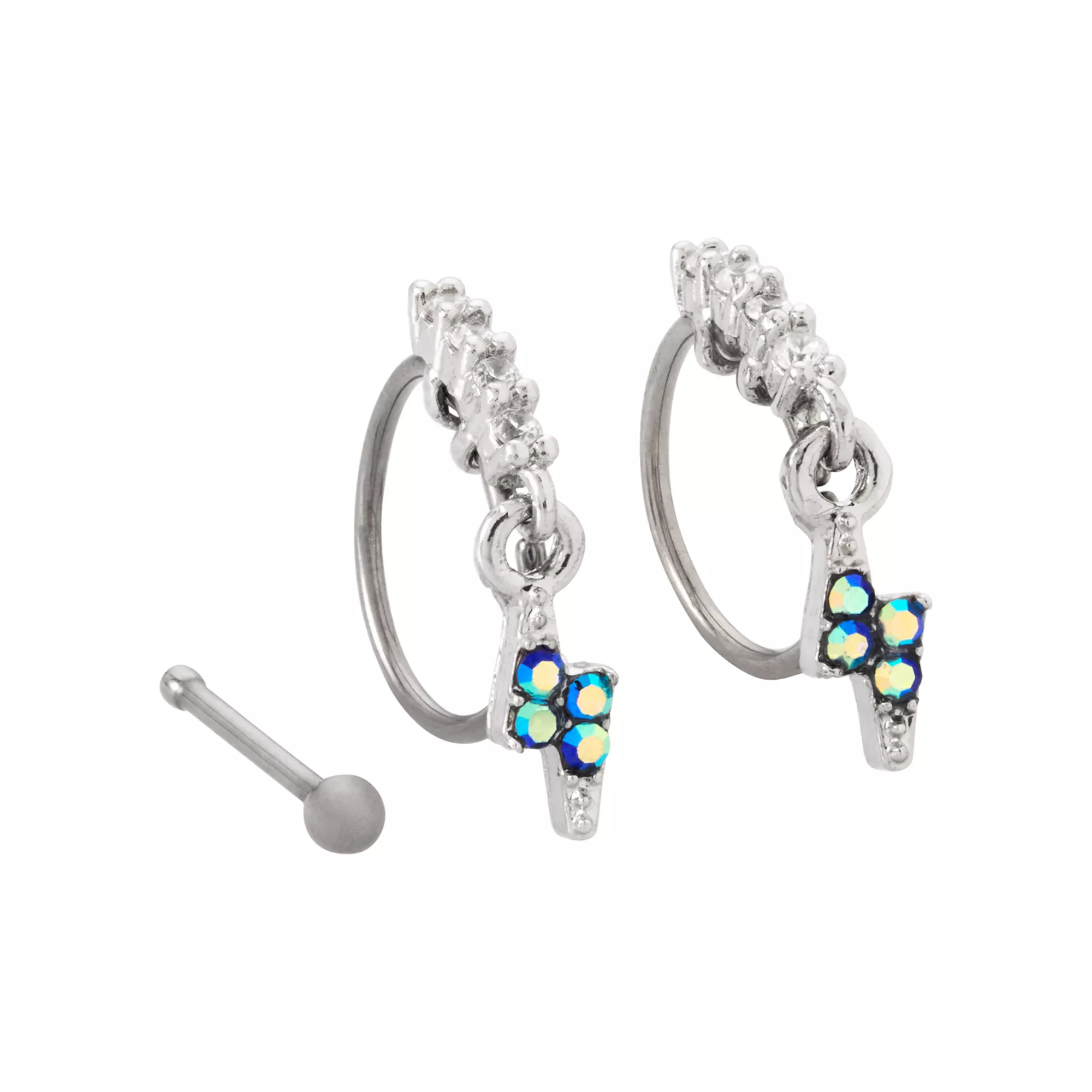 Multi-Pack Titanium Dangle Lightning Bolt Hoop and Pin Nose Rings 3 Pack - 20 Gauge at Spencer's