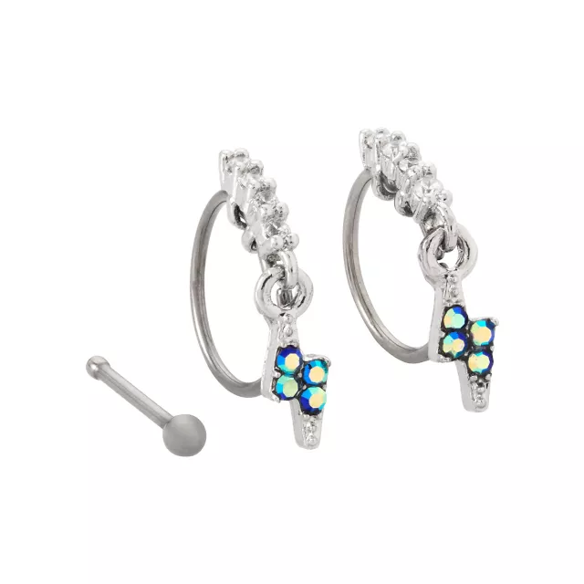 Multi-Pack Titanium Dangle Lightning Bolt Hoop and Pin Nose Rings 3 Pack - 20 Gauge at Spencer's