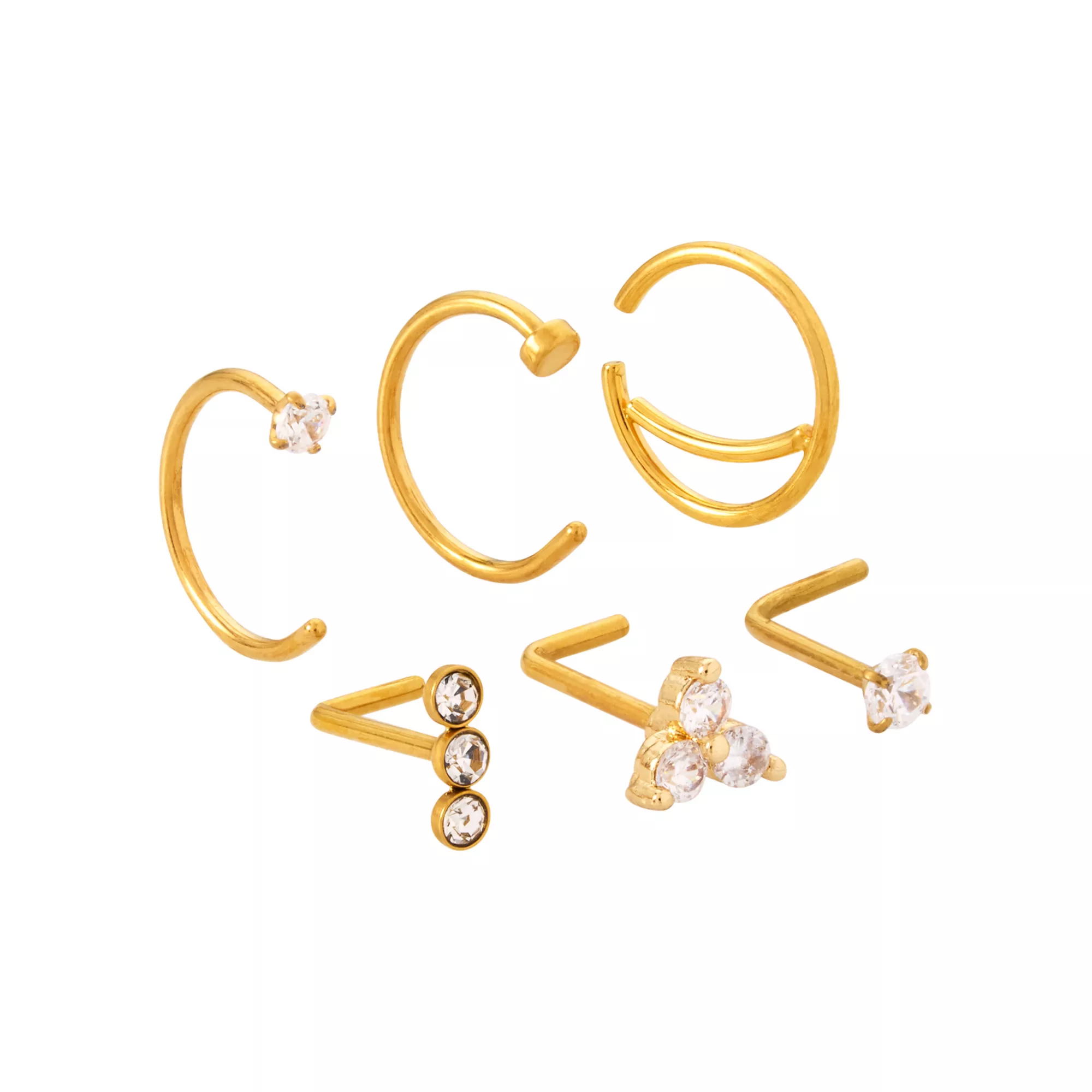 Multi-Pack Titanium Goldtone L-Bend and Half Hoop Nose Rings 6 Pack - 20 Gauge at Spencer's