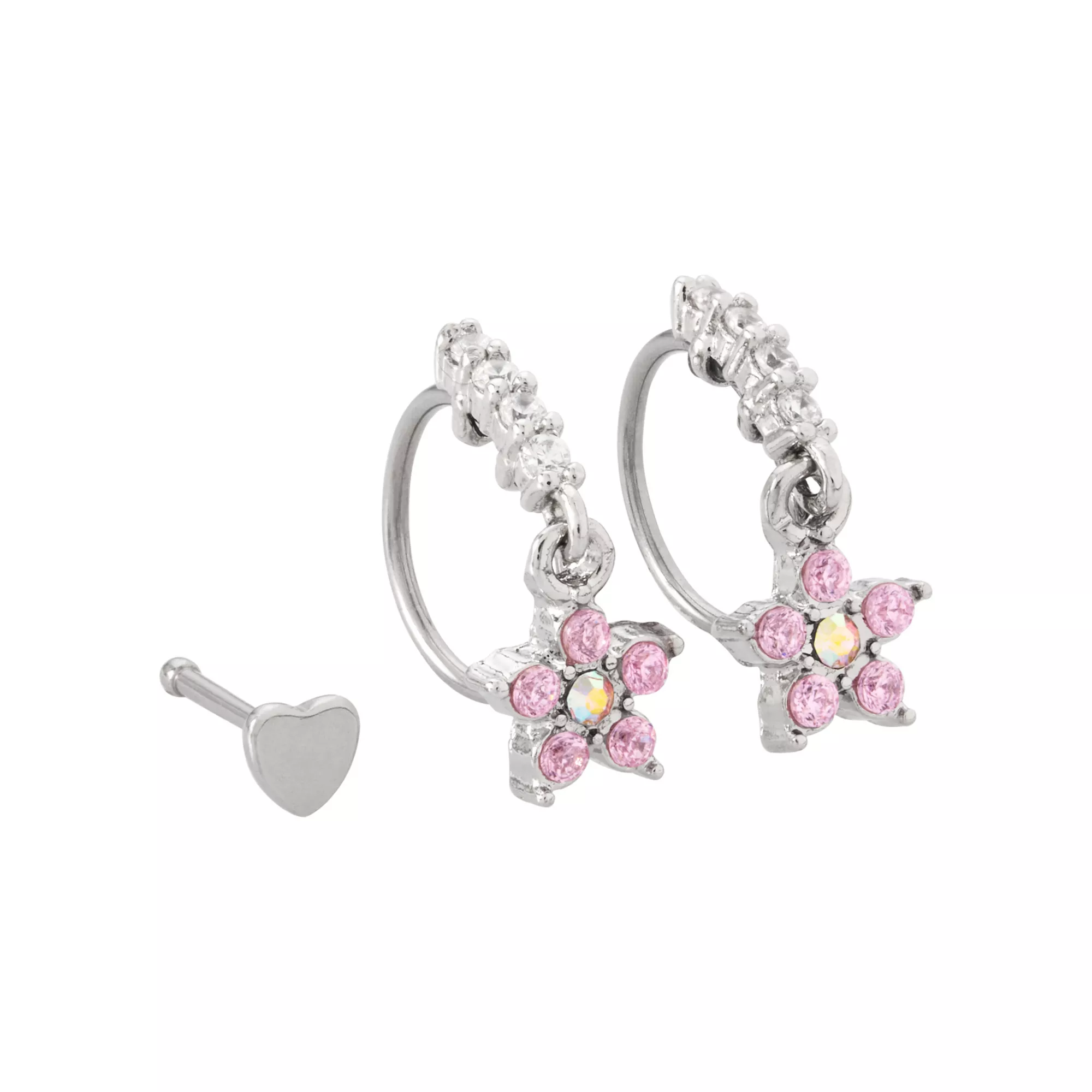 Multi-Pack Flower Hoop and Pin Dangle Nose Rings 3 Pack - 20 Gauge at Spencer's