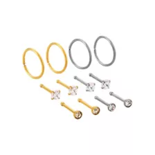 Multi-Pack Titanium Silvertone and Goldtone Nose Hoops and Nose Pins 12 Pack - 20 Gauge at Spencer's
