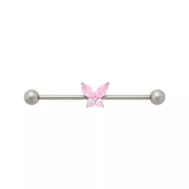 Pink Titanium CZ Butterfly Industrial Barbell - 14 Gauge