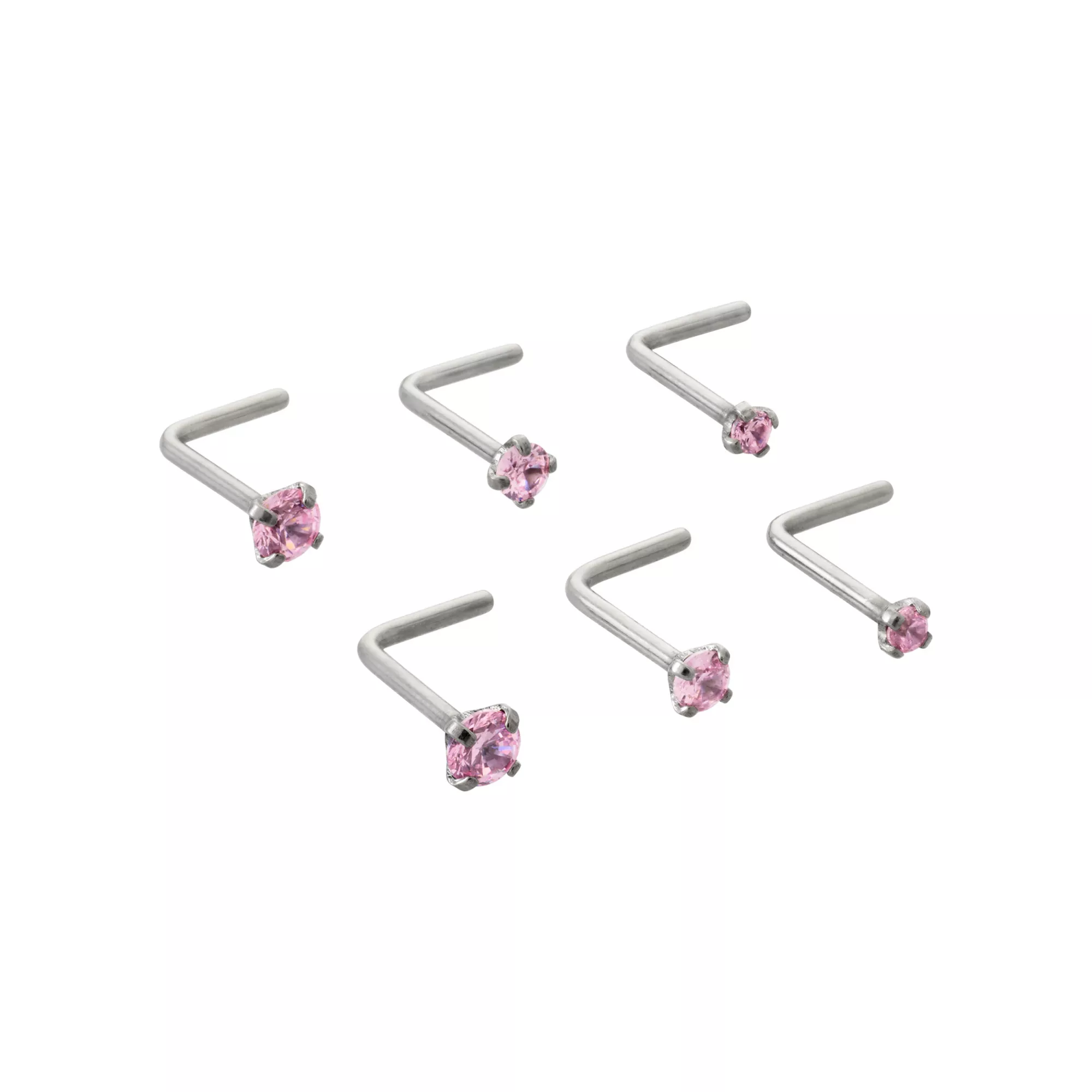 Multi-Pack CZ Pink L-Bend Nose Rings 6 Pack - 20 Gauge