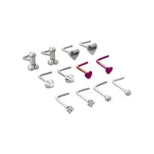 Multi-Pack CZ Assorted Heart Pecker L-Bend Nose Rings 12 Pack - 20 Gauge at Spencer's