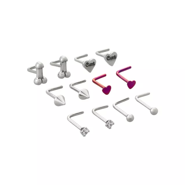 Multi-Pack CZ Assorted Heart Pecker L-Bend Nose Rings 12 Pack - 20 Gauge at Spencer's