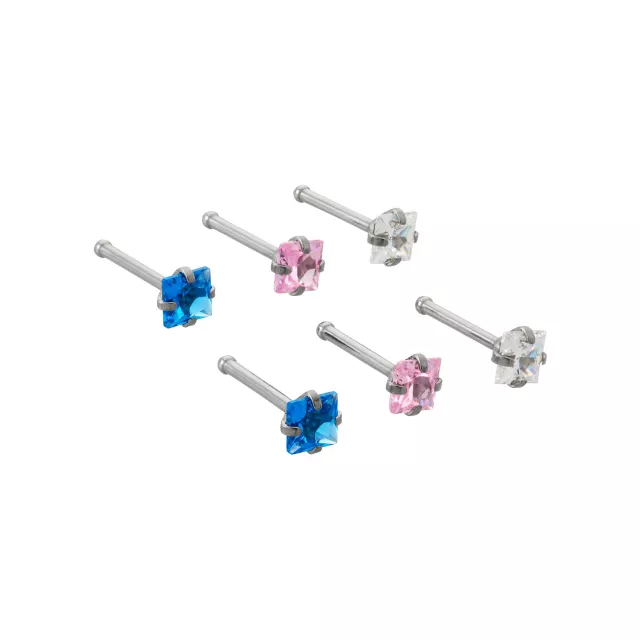 Multi-Pack Titanium Blue Pink and Clear CZ Nose Pins 6 Pack - 20 Gauge at Spencer's