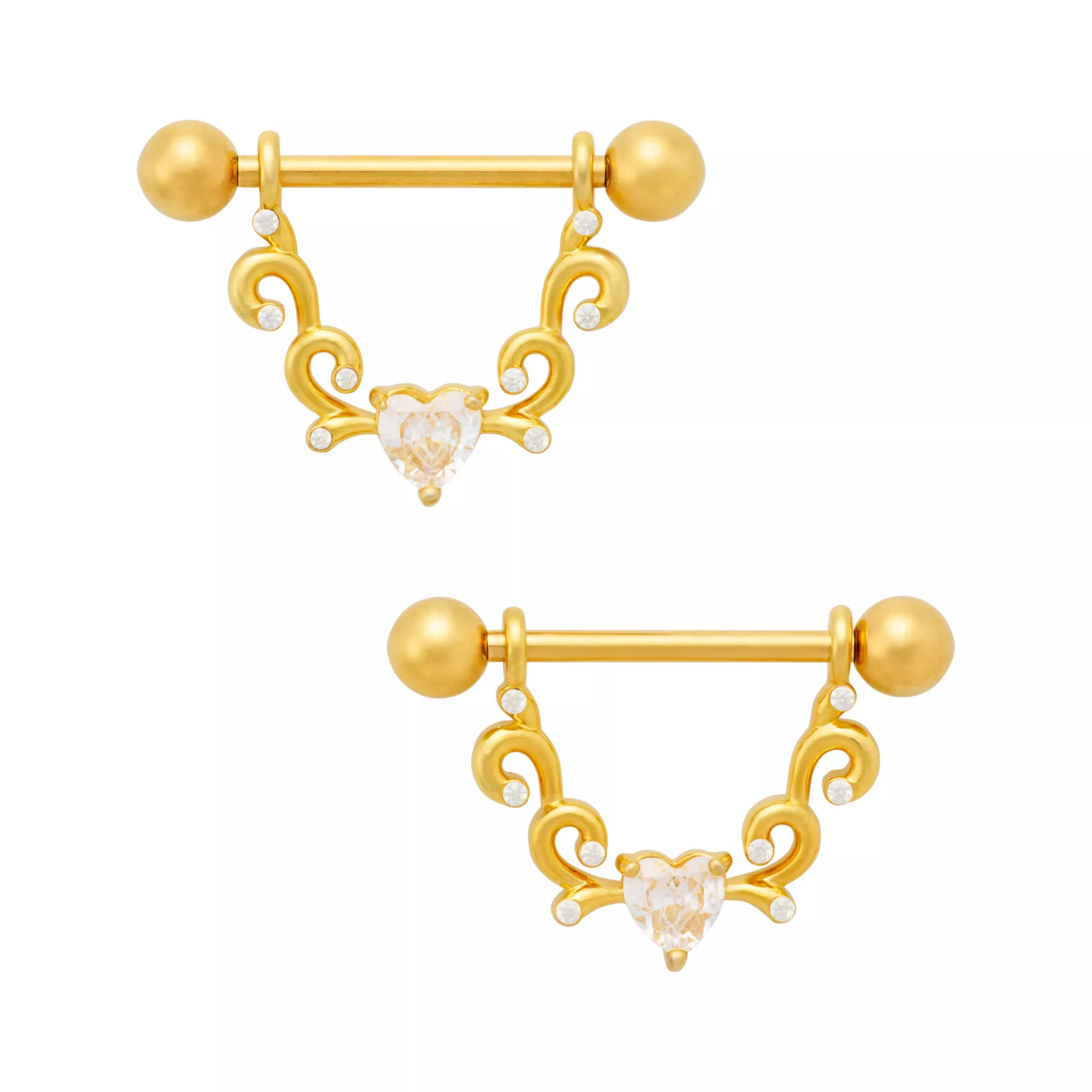 Clear CZ Ornate Heart Gold-Tone Titanium Nipple Half Shields - 14 Gauge at Spencer's