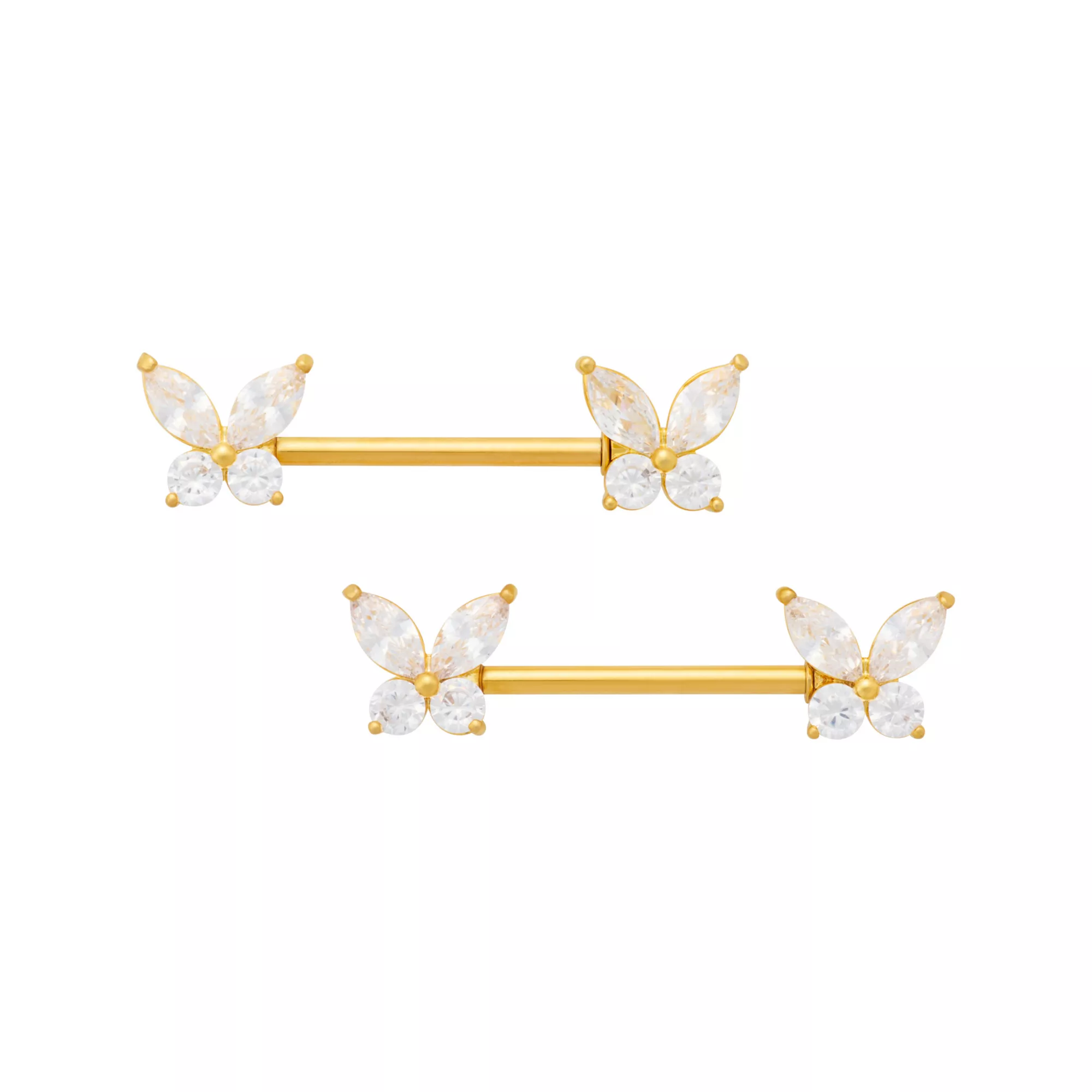 CZ Butterfly Gold-Plated Titanium Nipple Barbells - 14 Gauge at Spencer's