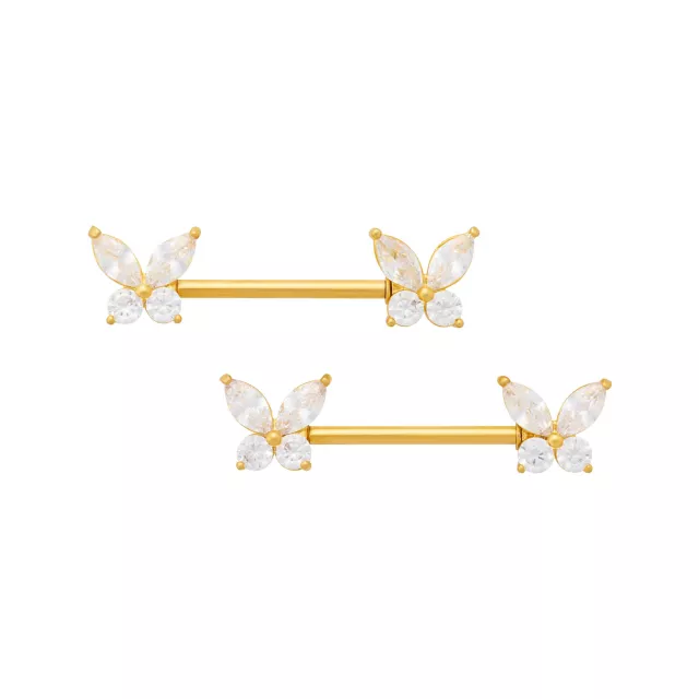 CZ Gold Plated Titanium Butterfly Nipple Barbells - 14 Gauge