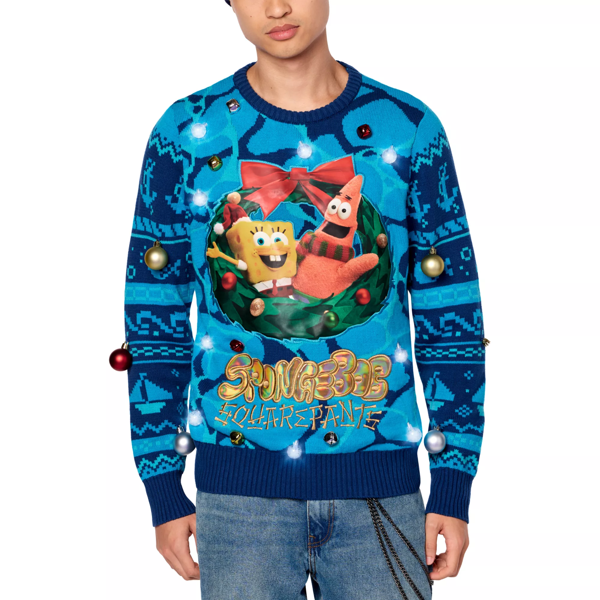 Light-Up SpongeBob SquarePants Wreath Christmas Sweater