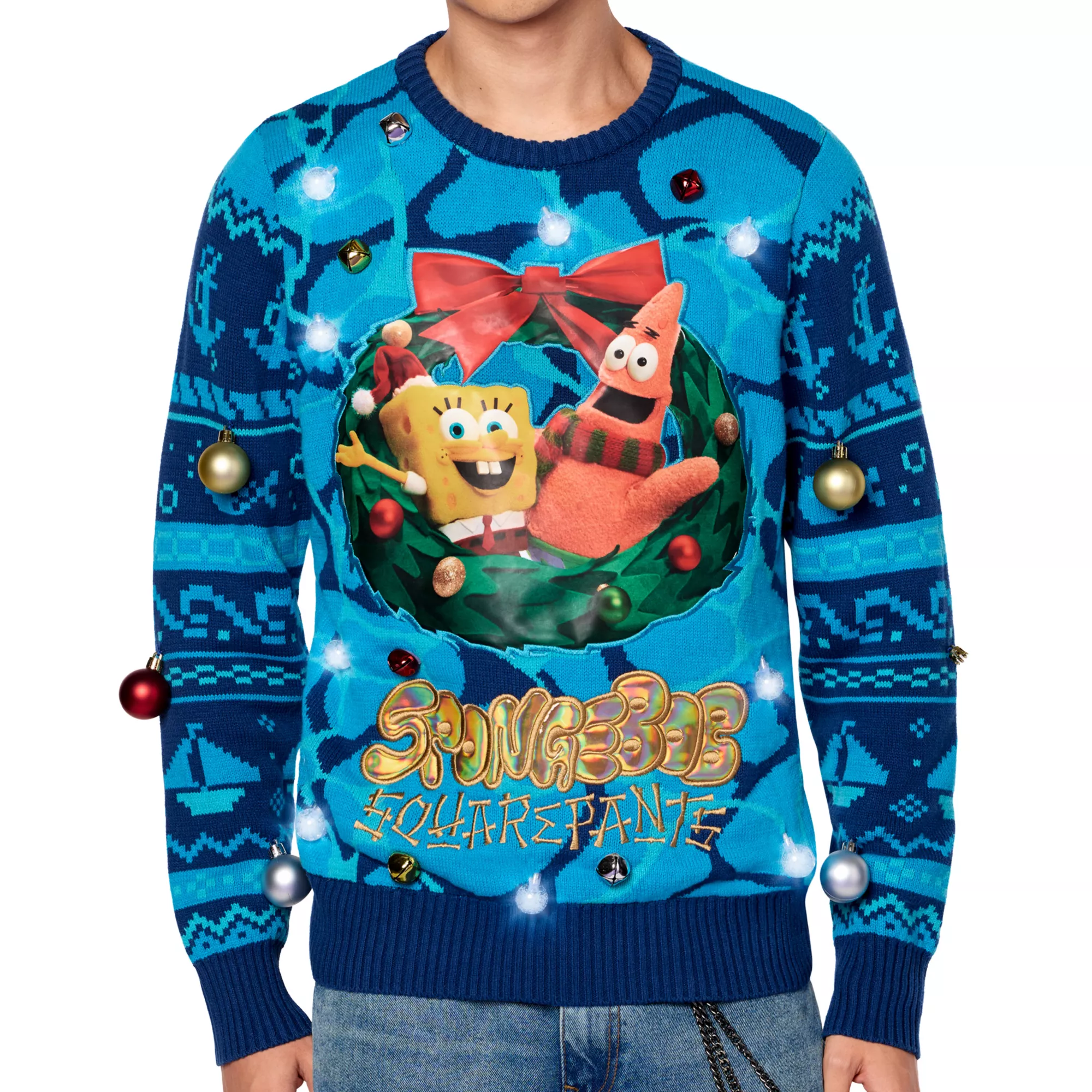 Light-Up SpongeBob SquarePants Wreath Christmas Sweater