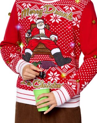 Light-Up Merry Drunk Santa Beverage Dispenser Christmas Sweater