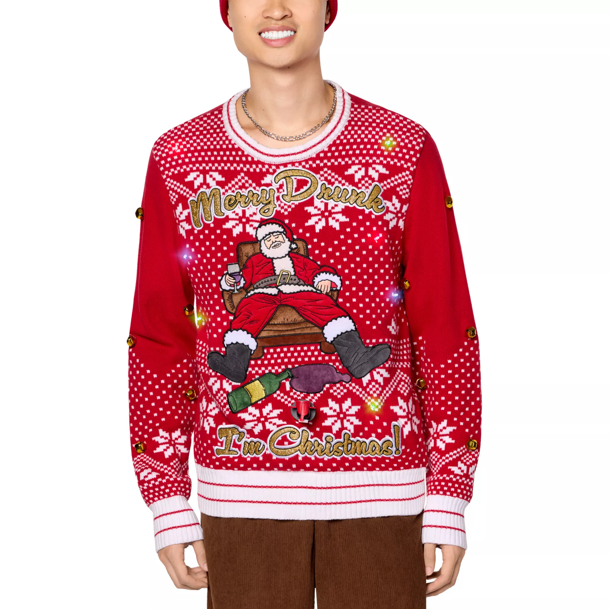 Light-Up Merry Drunk Santa Beverage Dispenser Christmas Sweater